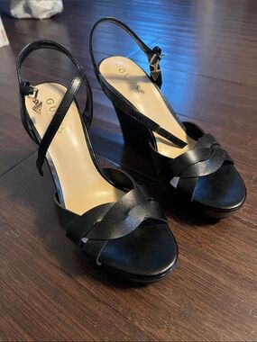 GUESS Black Braided Leather Platform Wedge Sandals
